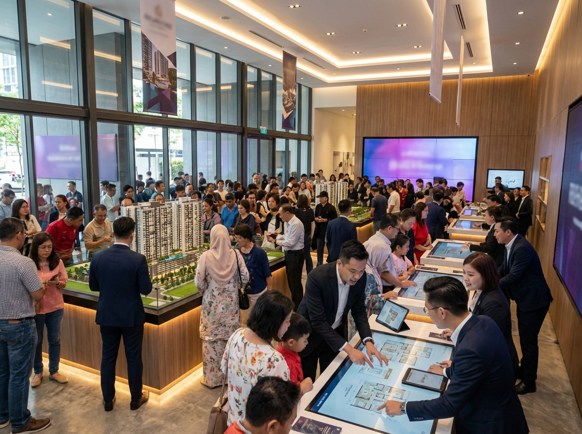 Crowded property launch in Malaysia with buyers and agents viewing unit models and discussing bookings inside a modern sales gallery.