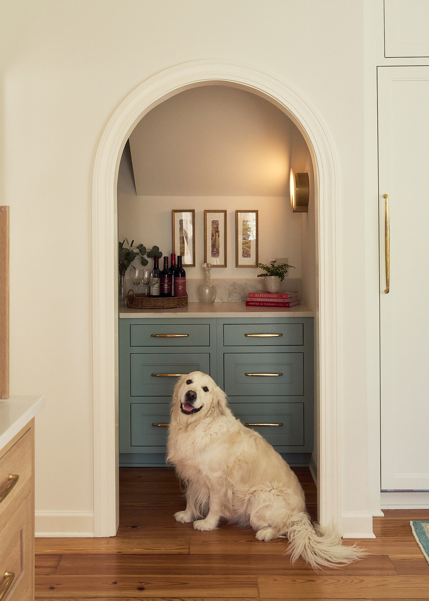 Arched built-in bar nook in a Charleston kitchen featuring soft blue cabinetry with brass hardware, marble countertop, styled wine display and artwork, with a golden retriever seated on warm wood floors adding a relaxed, lived-in feel.