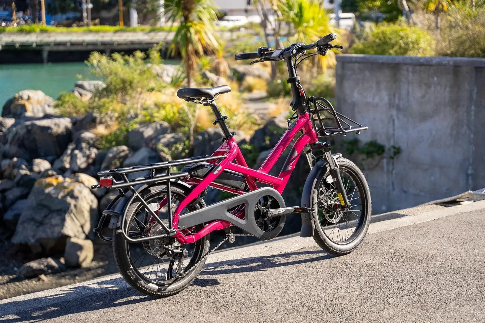Pink Tern cargo bike with a sturdy frame on a sunny coastal path