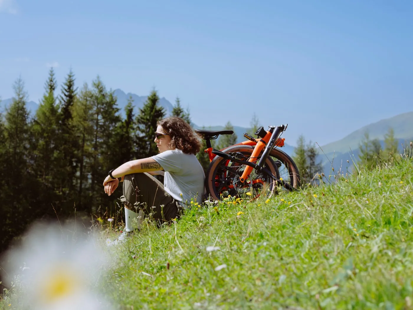 An orange Brompton folding bike on green grass near a forest and mountains