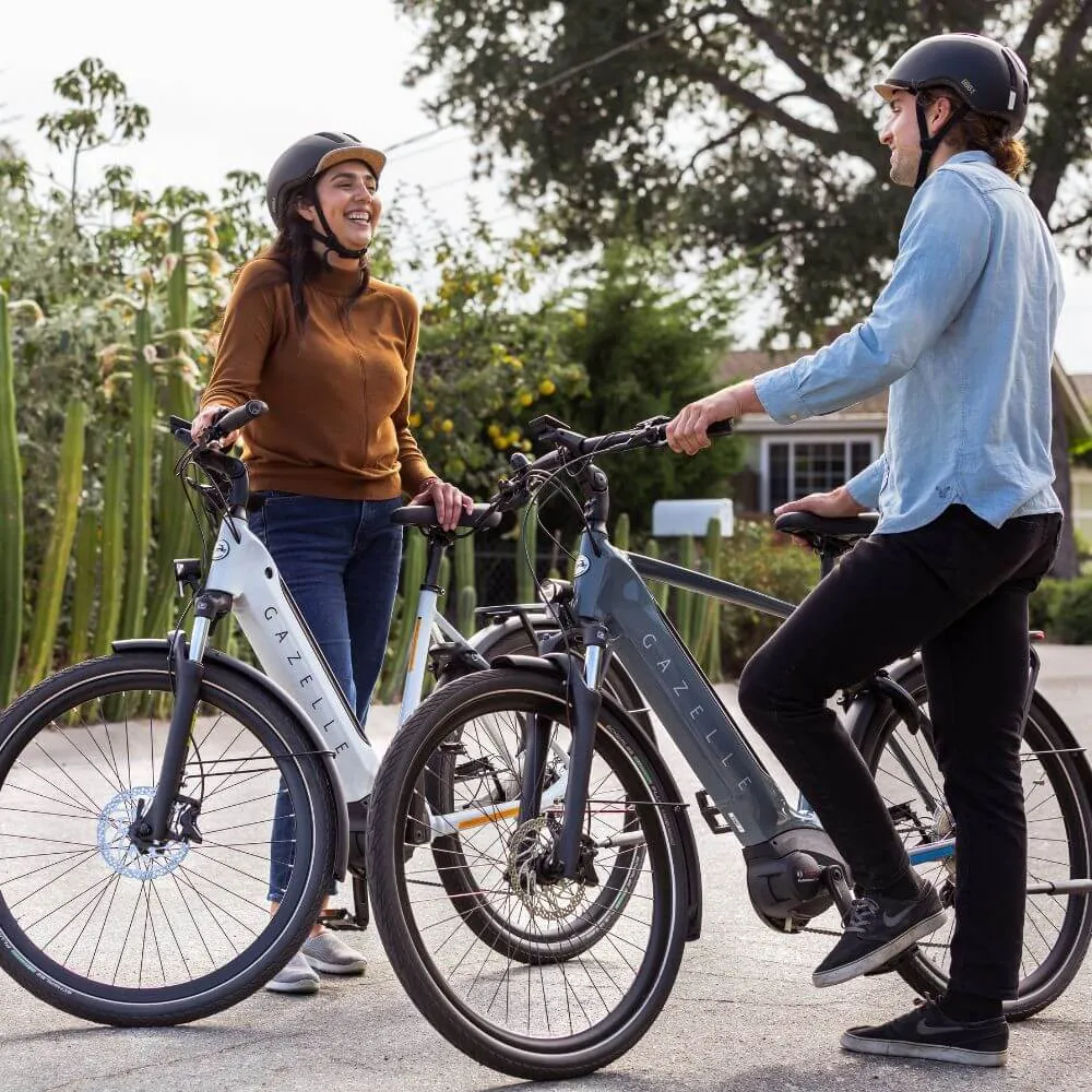 Deux vélos électriques Gazelle gris et argent avec cyclistes souriants dans un cadre urbain verdoyant