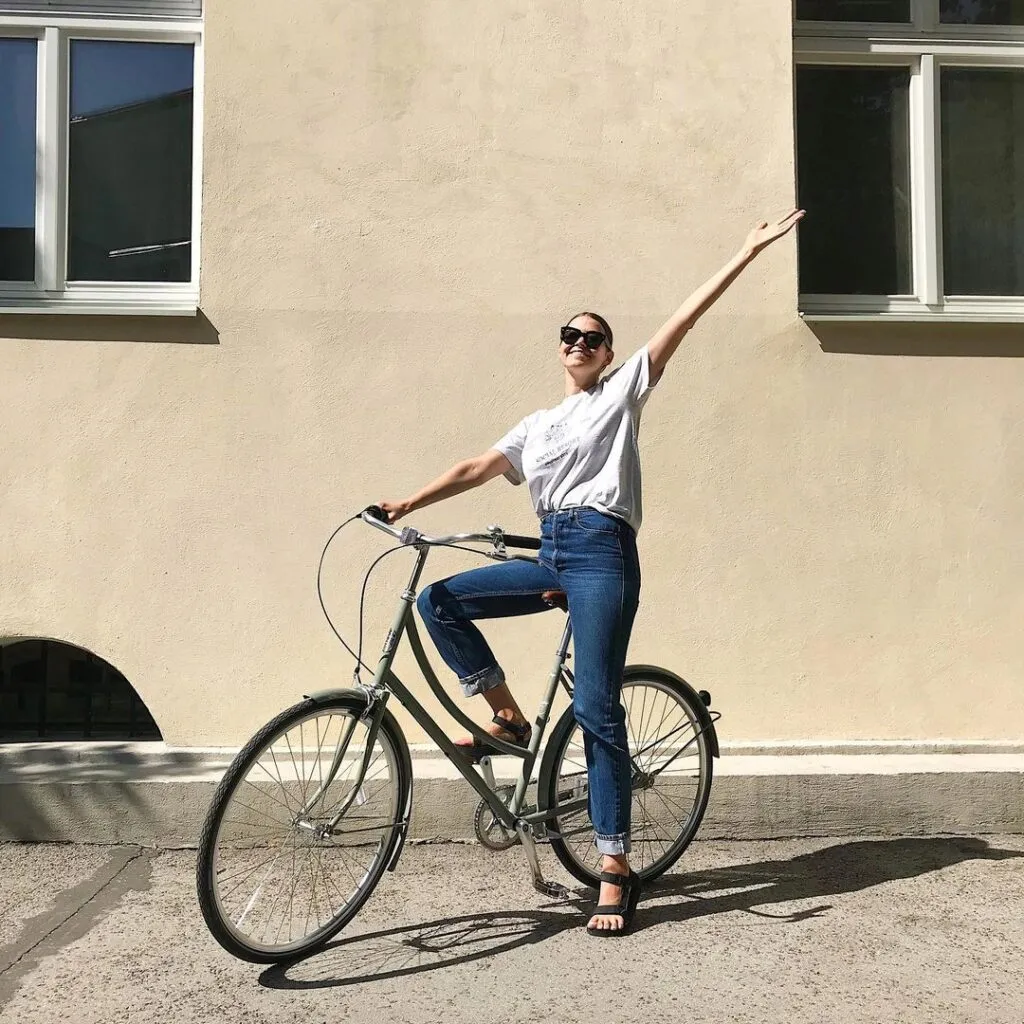 Gray Pelago city bike with a classic frame in front of a beige wall