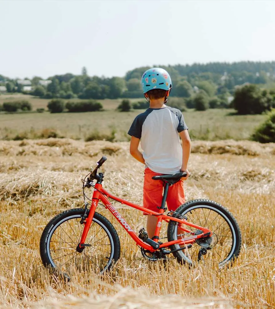 Red BeMoov children's bike in a field, boy wearing a blue helmet, rural landscape in the background