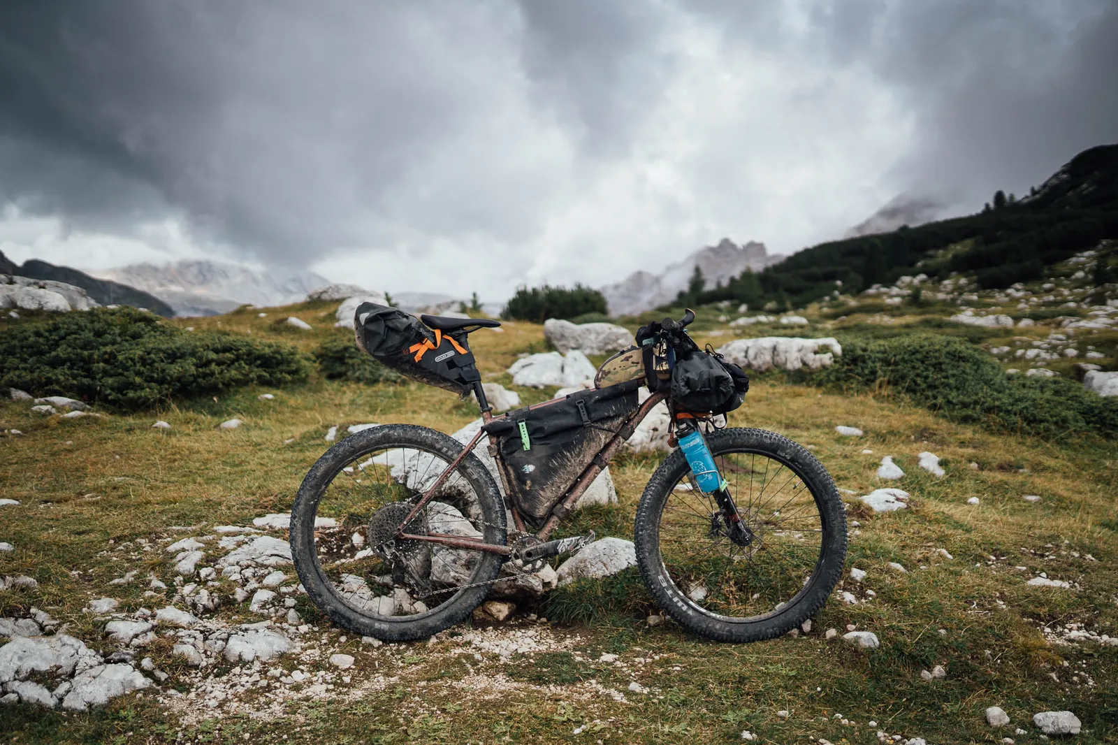 Bombtrack mountain bike with panniers, sturdy brown frame, mountainous landscape in the background