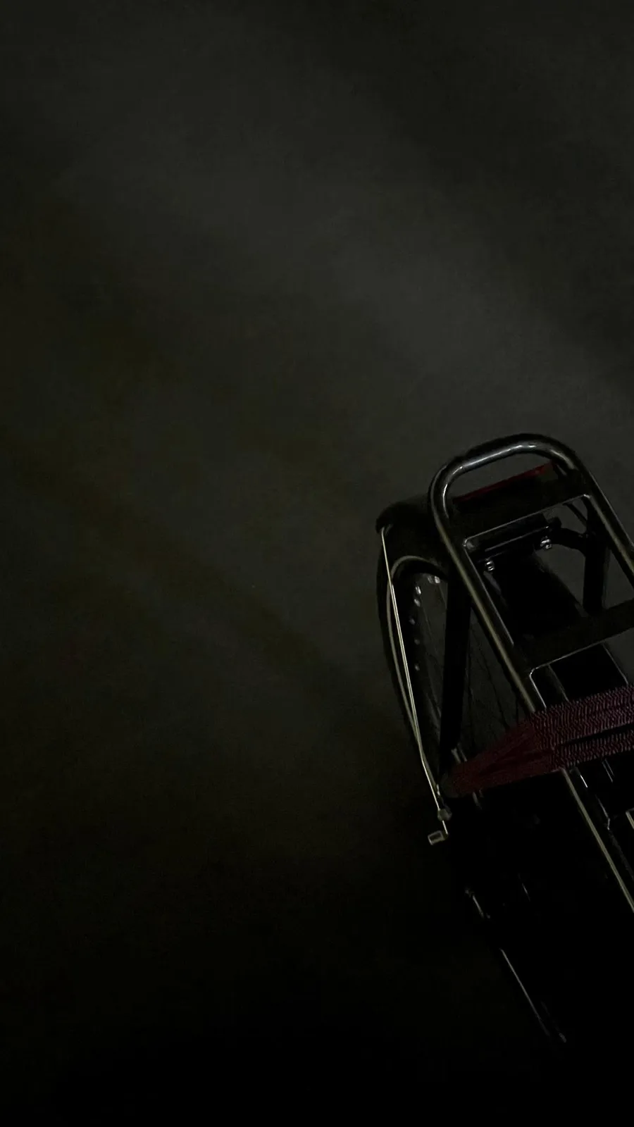 Black Batavus bicycle with a luggage rack visible against a dark background