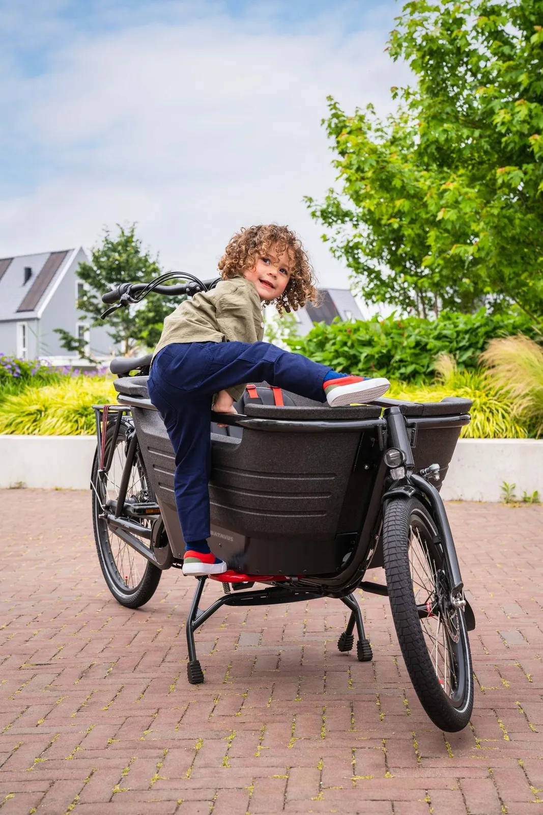Black Batavus cargo bike with a child, sturdy frame, green urban backdrop