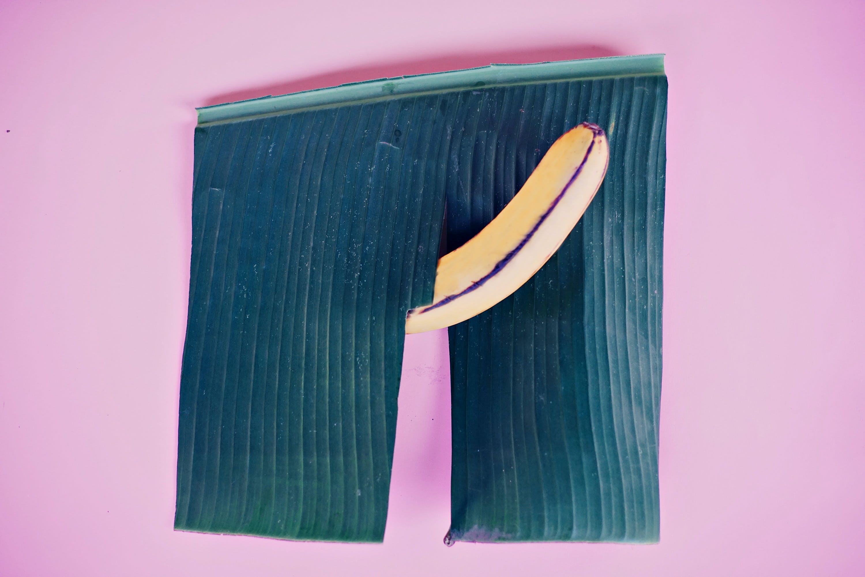 A banana in the middle of a torn piece of cloth positioned at a 45-degree angle upwards