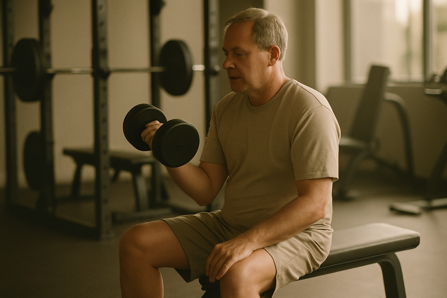 A middle-aged man strength training at the gym.