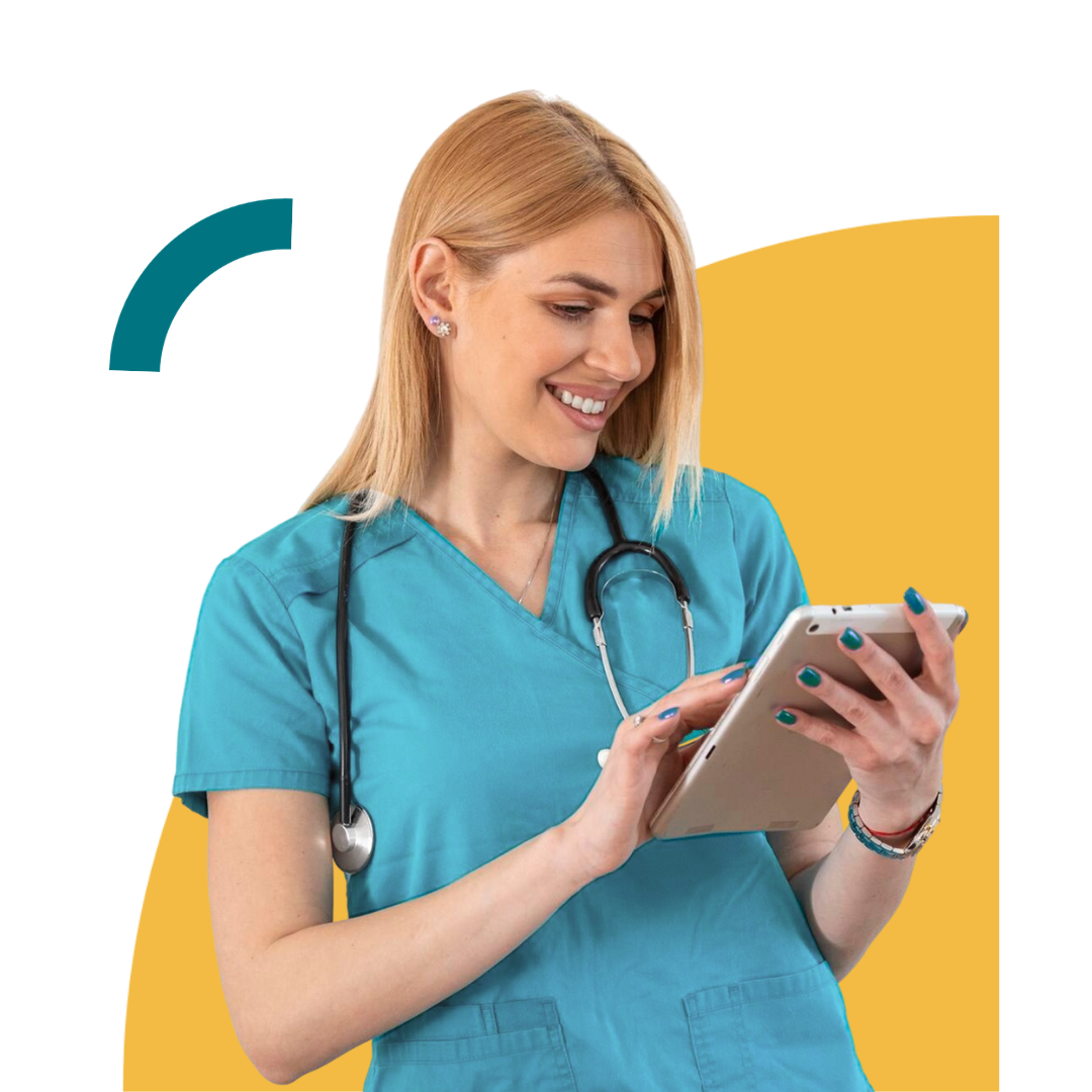 a woman in nurse clothing looking at her phone