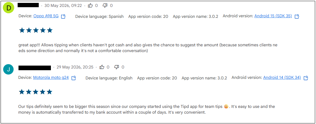 Multiple five star guide reviews describing bigger tips and a more comfortable tipping process with Tipd