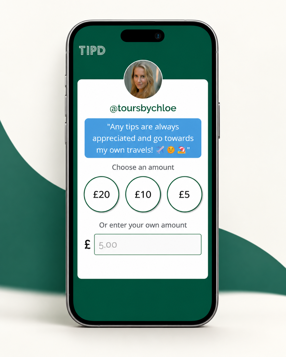Tipd tipping app on a phone showing an independent tour guide profile and suggested tip amounts