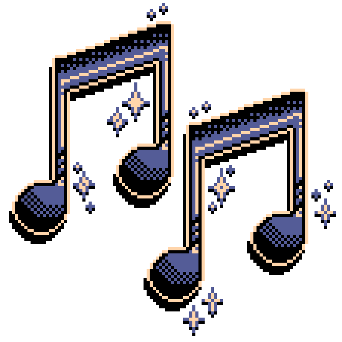 Pixel art image of music notes with sparkles.