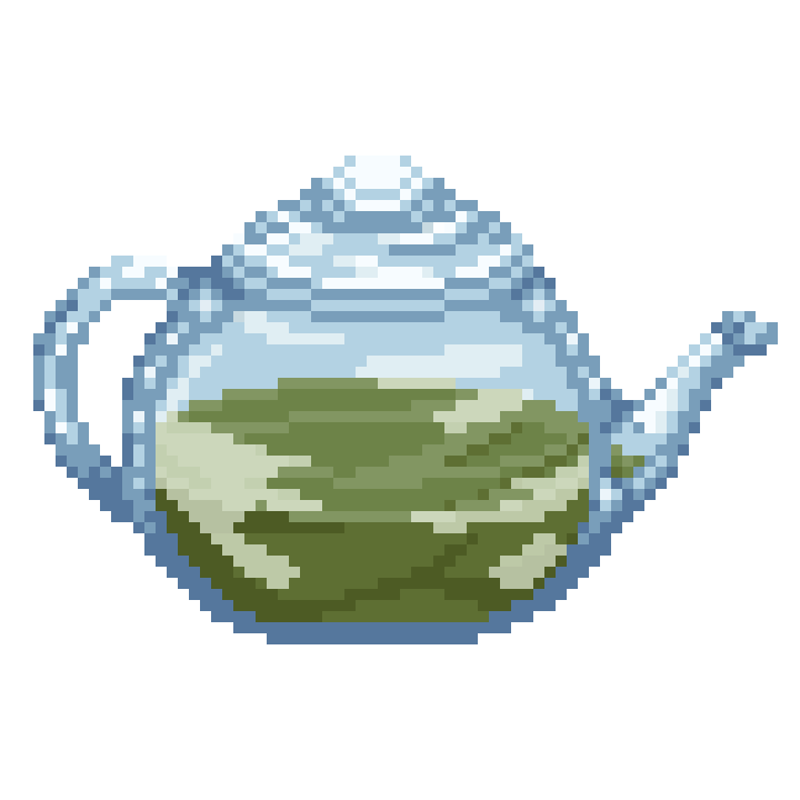 Pixel art image of a teapot with green tea/matcha inside of it.