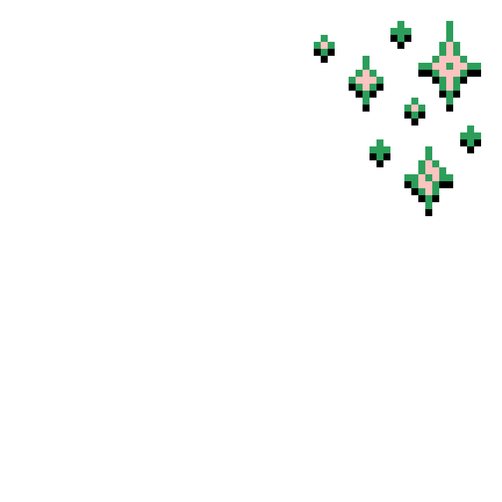 Pixel art image of green sparkles in the top right corner on top of a transparent background.