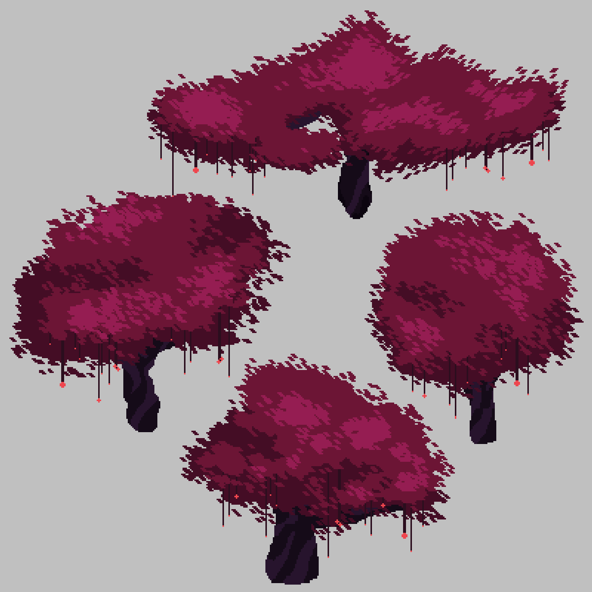 Magenta pixel art trees with hanging  lights.