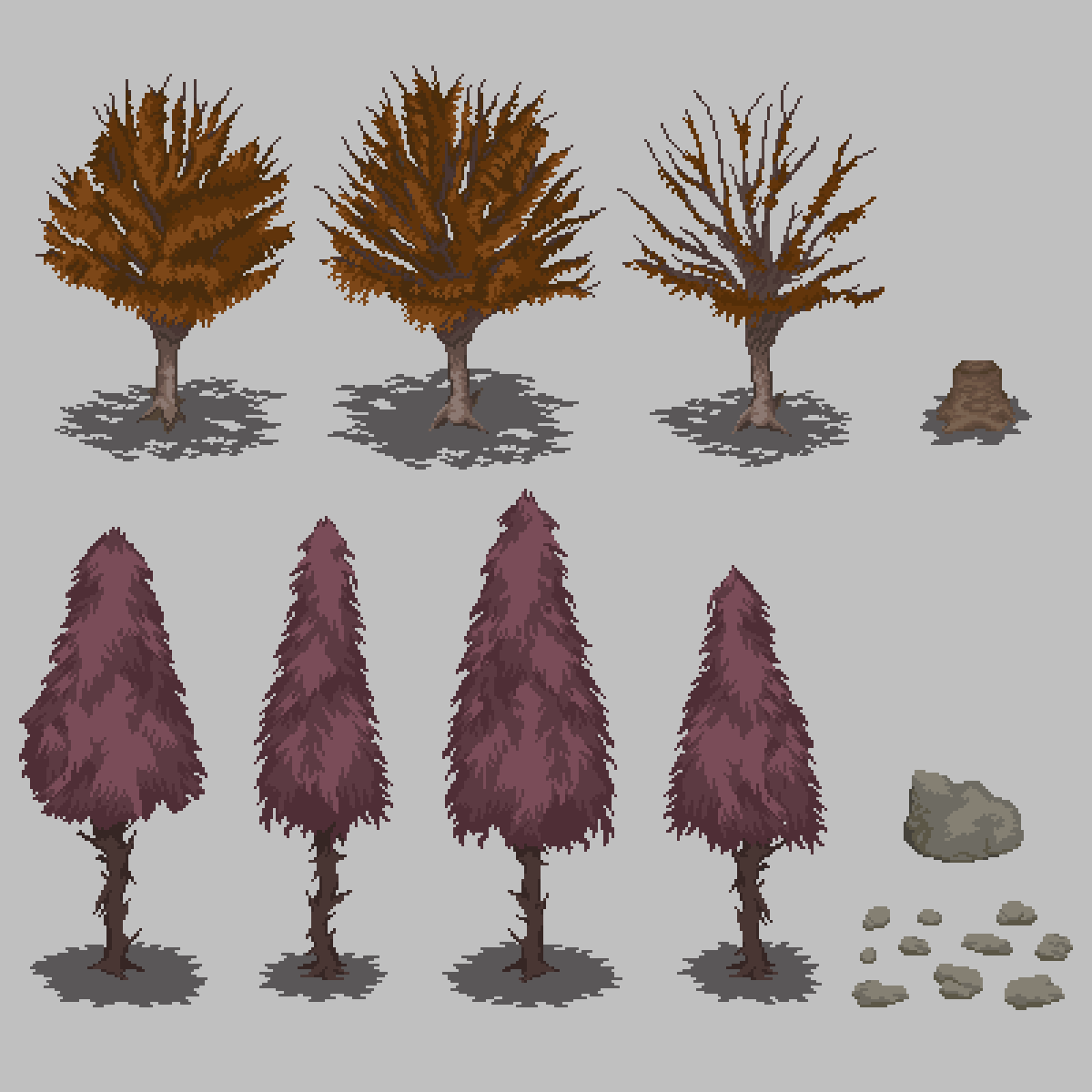 Pixel art maple and pine tree variations, with a stump and rock variations