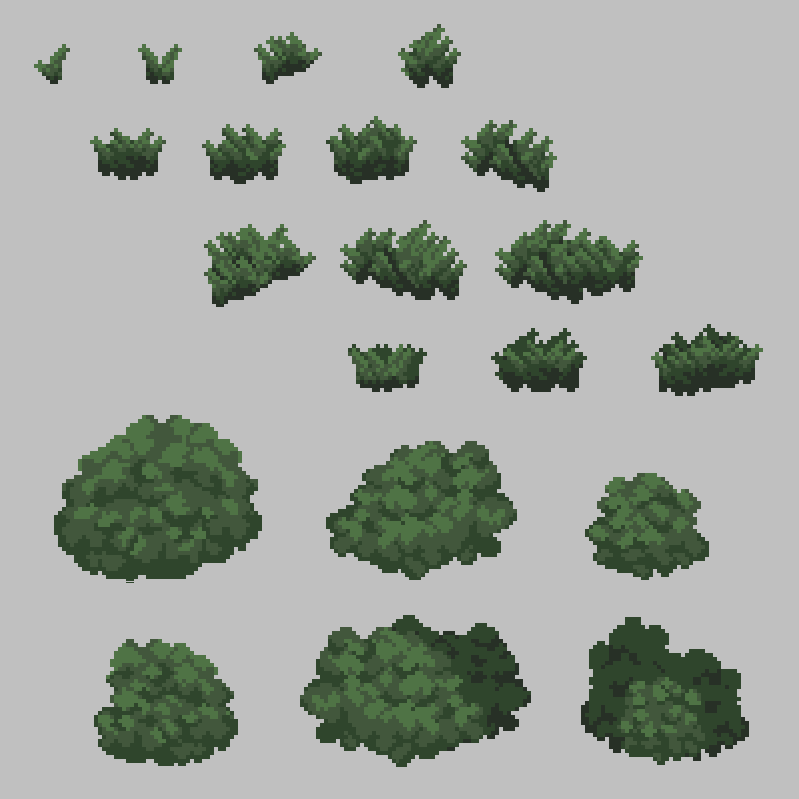 Grass and bush pixel art variations
