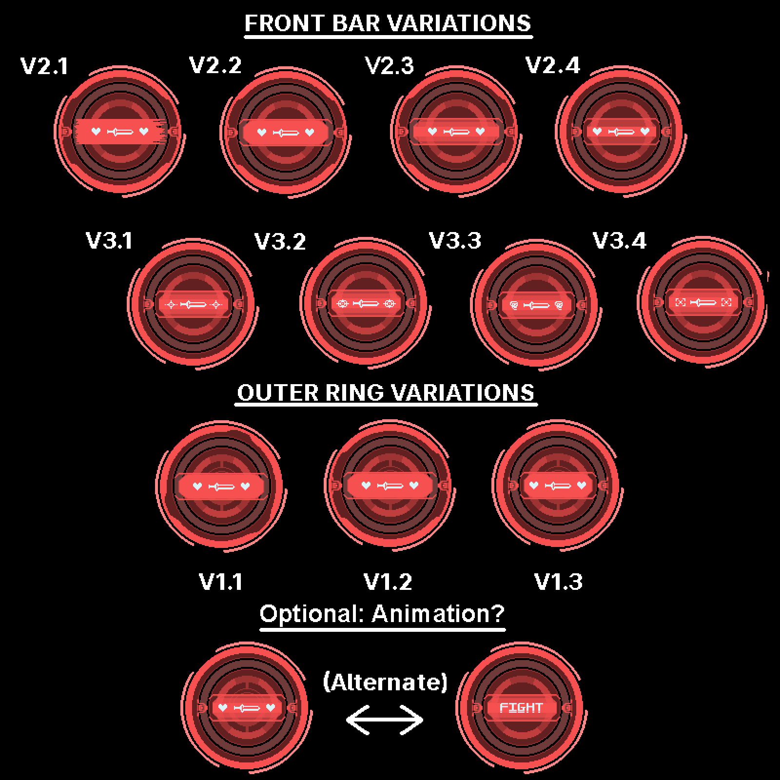 Pixel art red "FIGHT" UI buttons with variation.