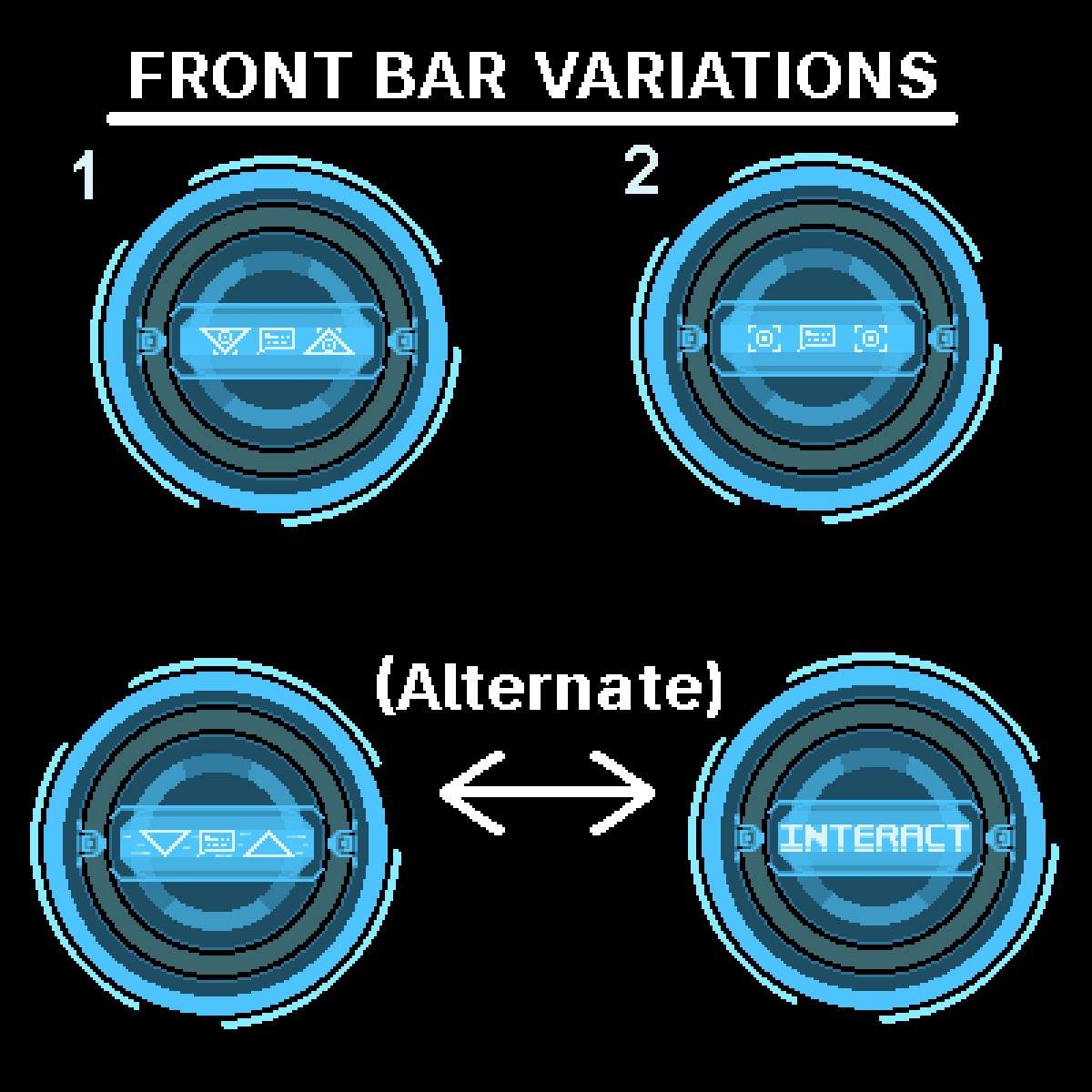 Pixel art blue "INTERACT" UI buttons with variation.