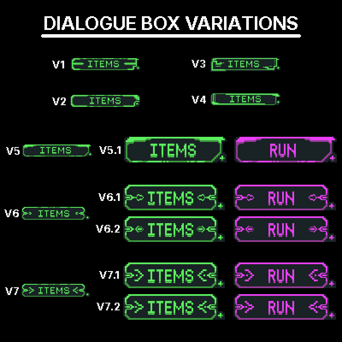 Pixel art green "ITEM" and magenta "RUN" UI buttons with variation.
