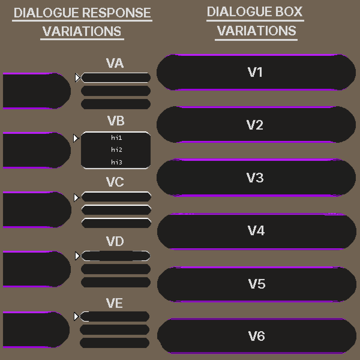 Pixel art dialogue box and responses UI buttons with variation.