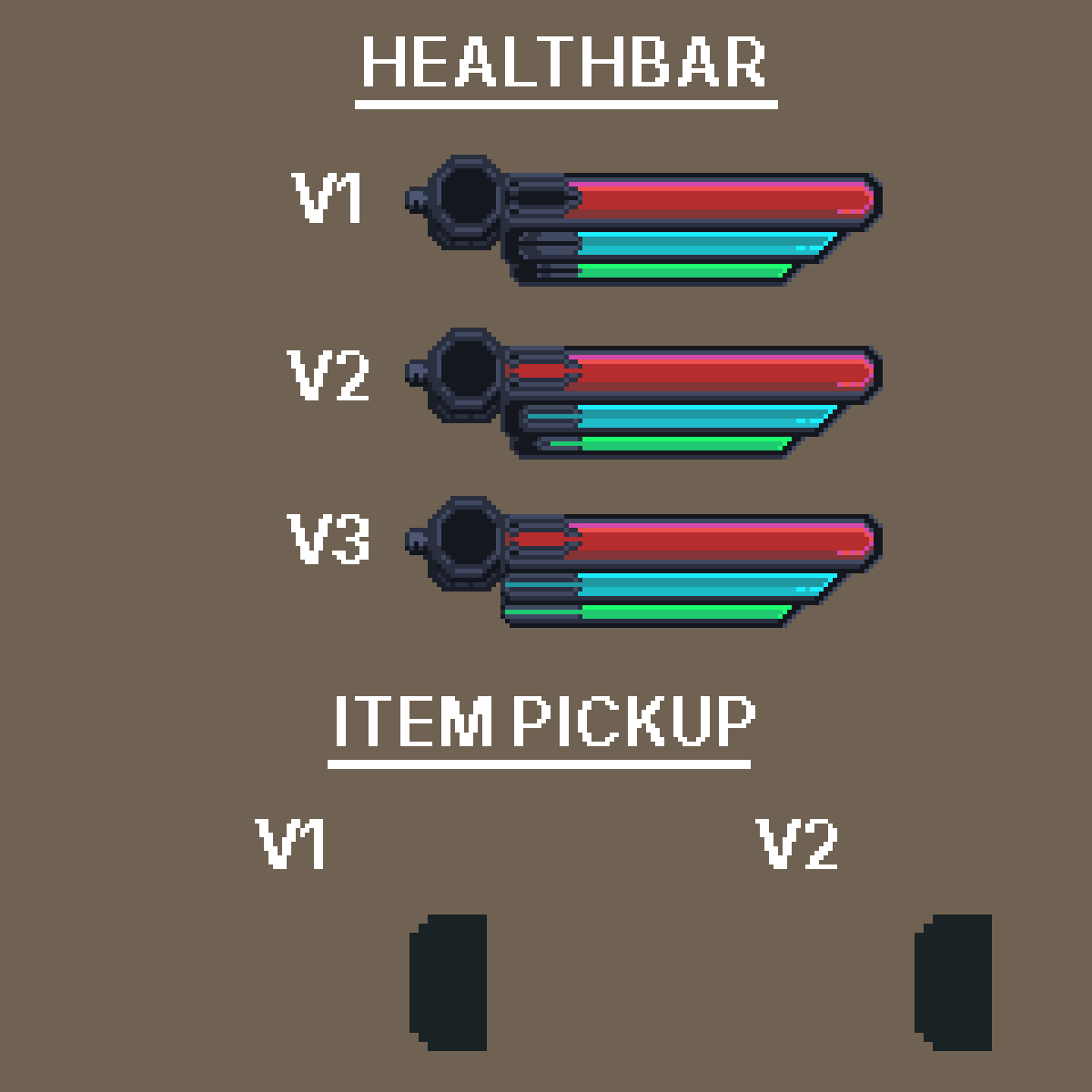 Pixel art healthbar and animated item pick-up UI buttons with variation.