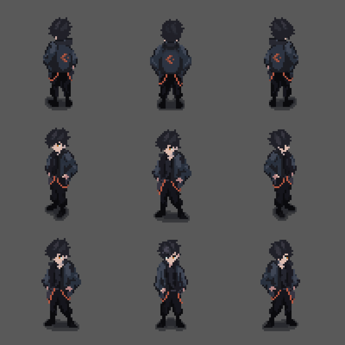 Pixel art black haired character idle animations