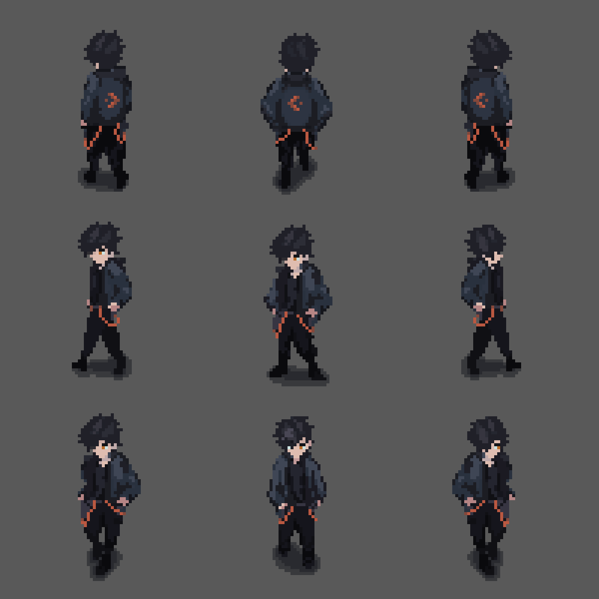Pixel art black haired character walking animations