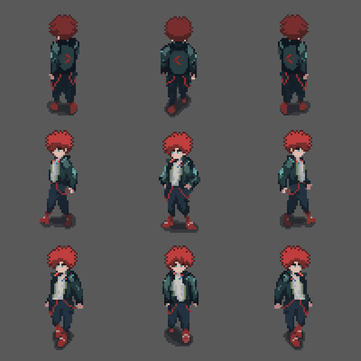 Pixel art red haired character walking animations