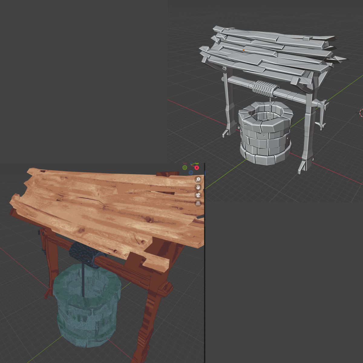 3D asset of a well, before and after texturing.