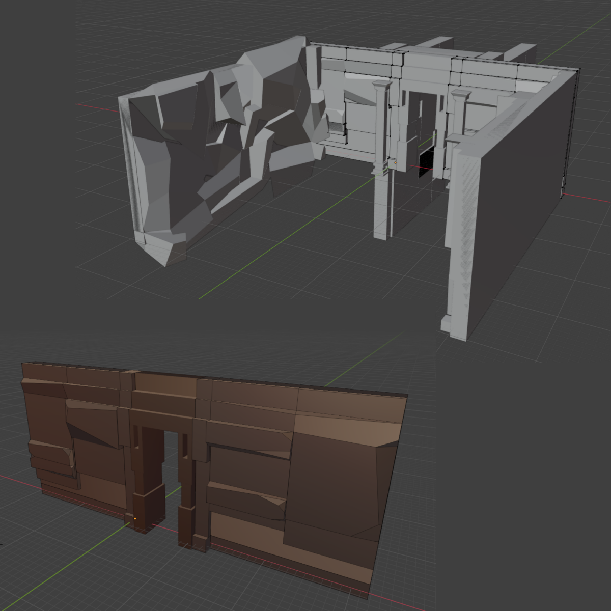 3D asset of a dungeon wall, before and after coloring.
