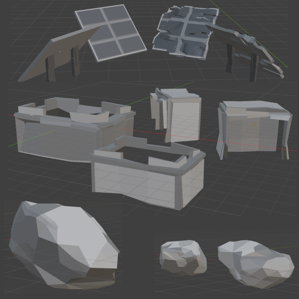 Solace game 3D assets - solar panels, containers, rocks.