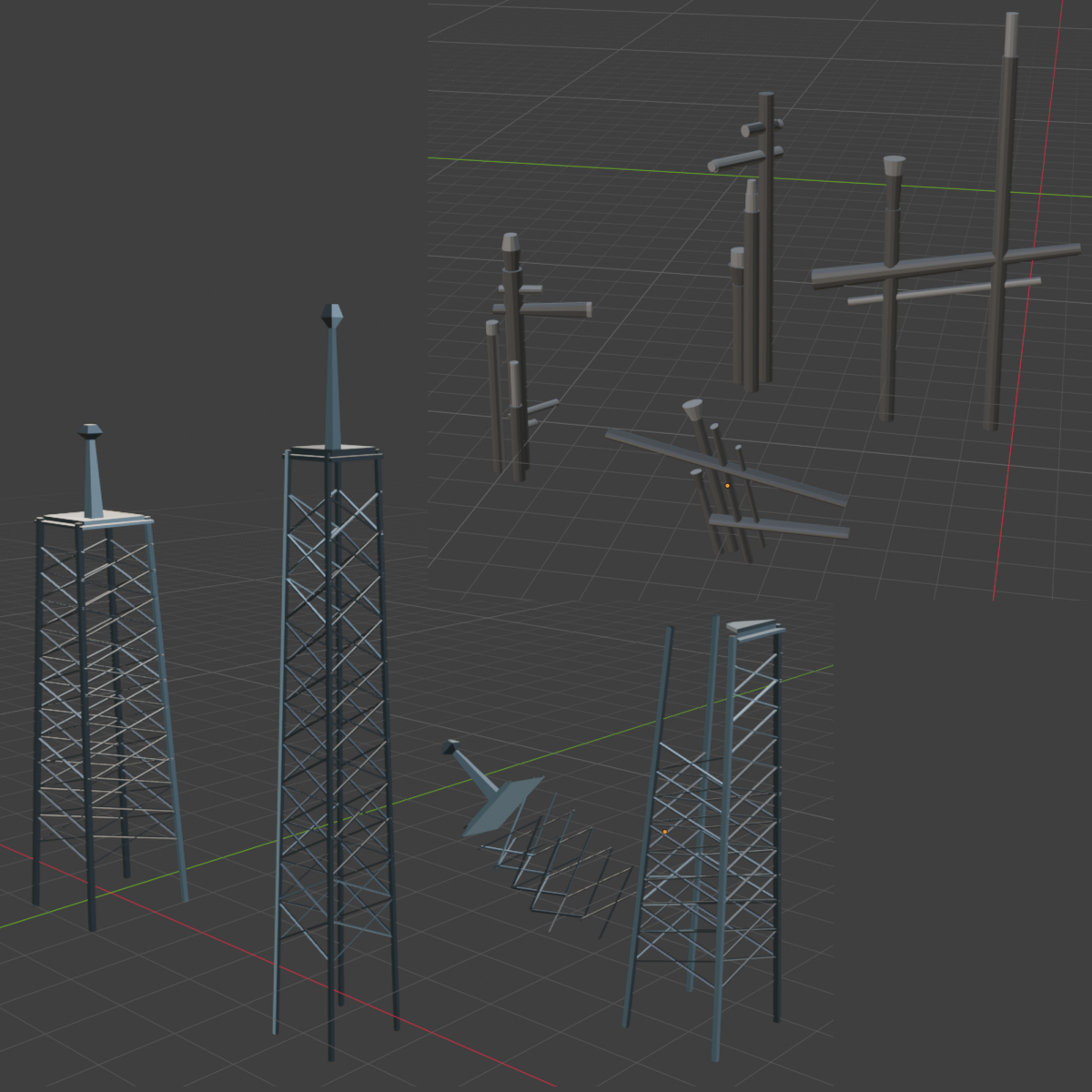 Solace game 3D assets - towers and post beams.
