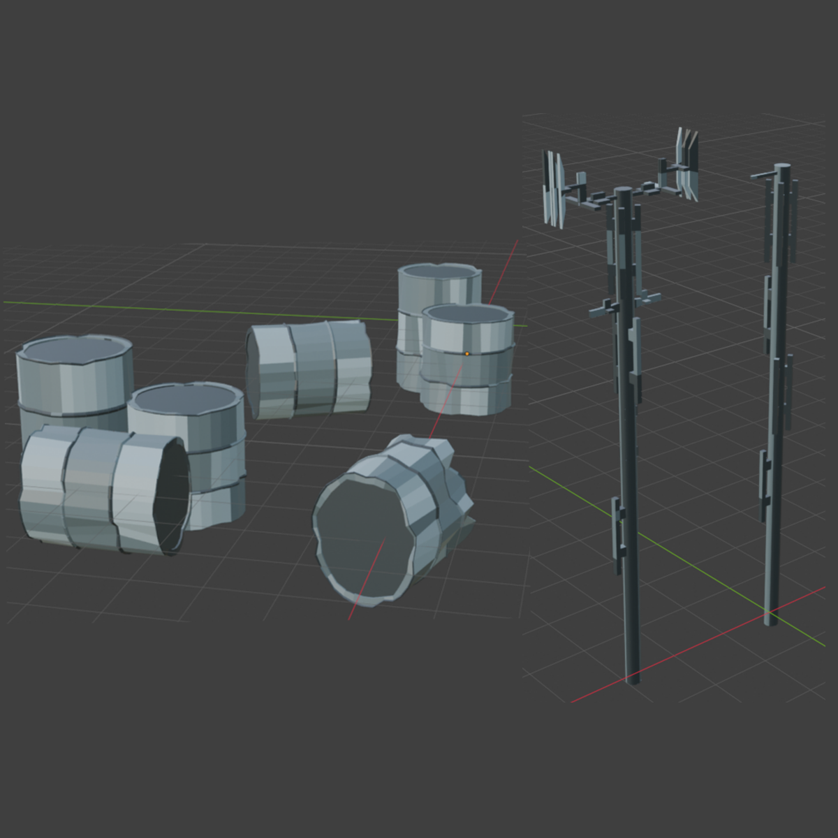 Solace game 3D assets - oil drums and antennae.