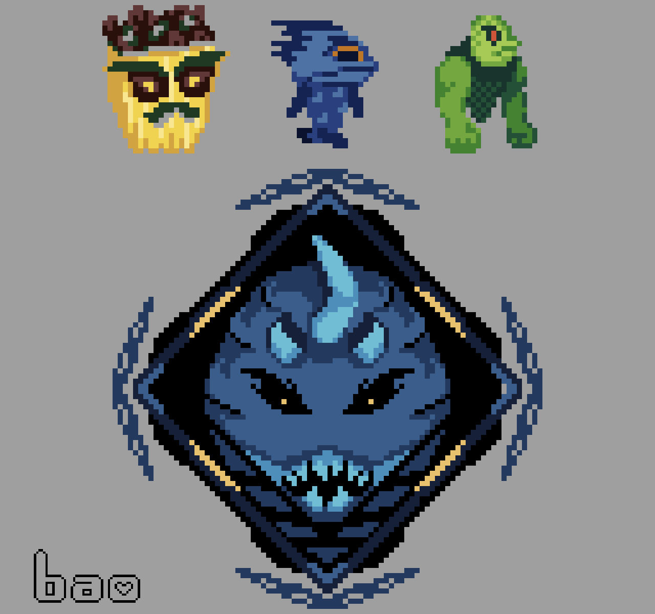 Gif of turret sprite and 3 smaller enemy sprites for Ludum Dare 2024 game jam submission named: Purgatory Pizza Protection Plan