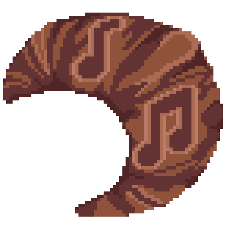 Pixel art image of a croissant with music notes on it.