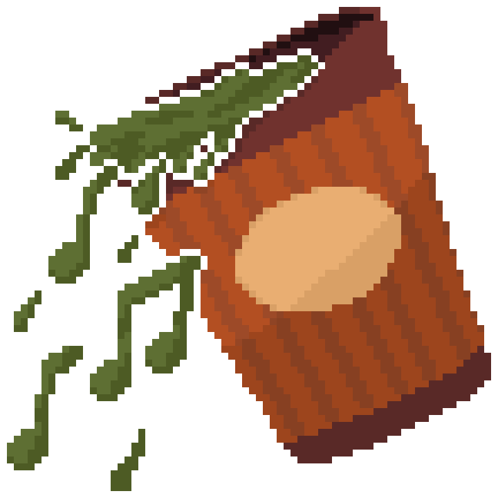 Pixel art image of a tumbler spilling matcha music notes