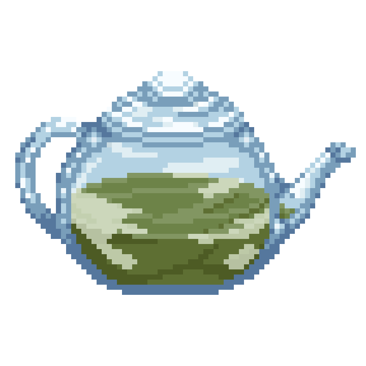 Pixel art image of a teapot with green tea/matcha inside of it.