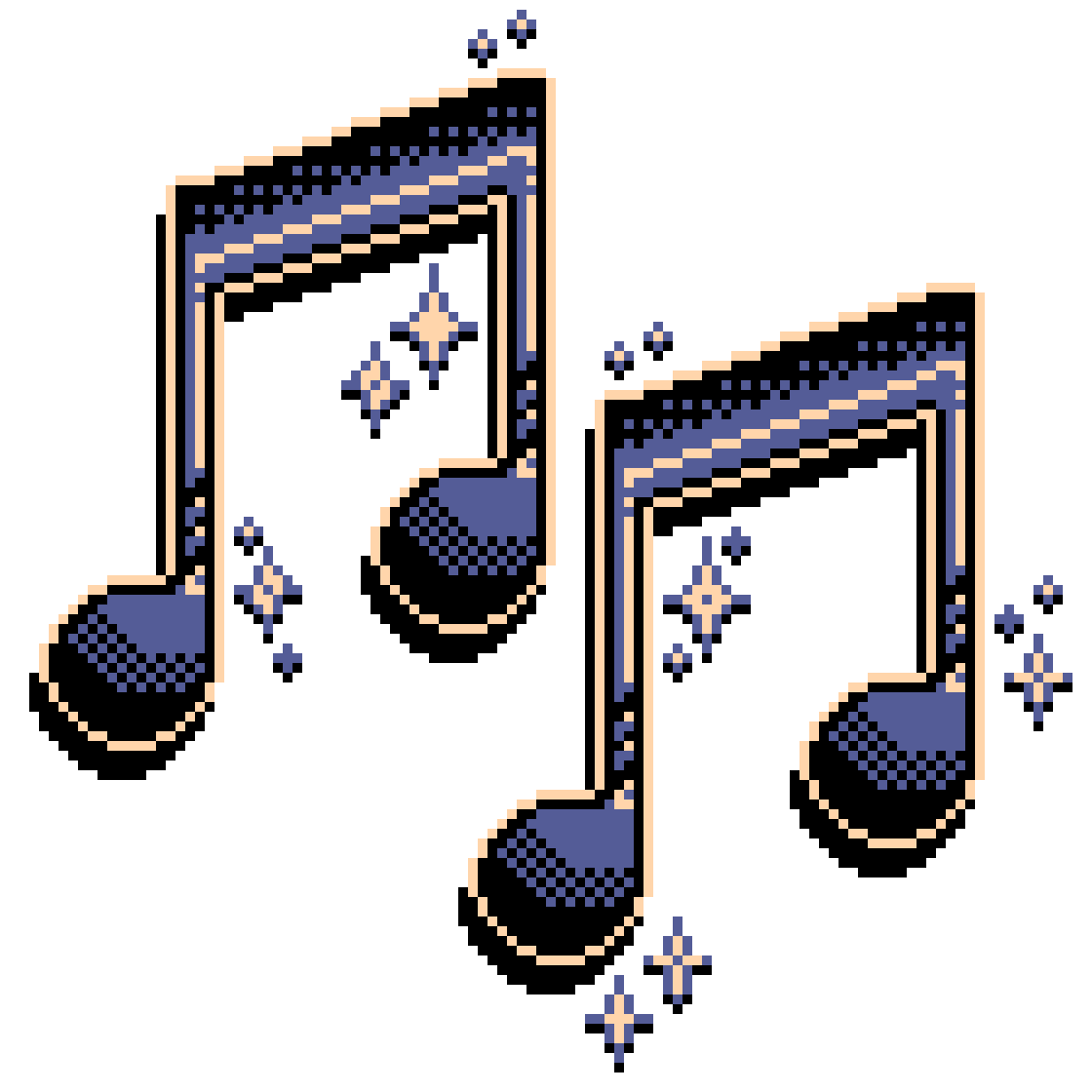 Pixel art image of music notes with sparkles.