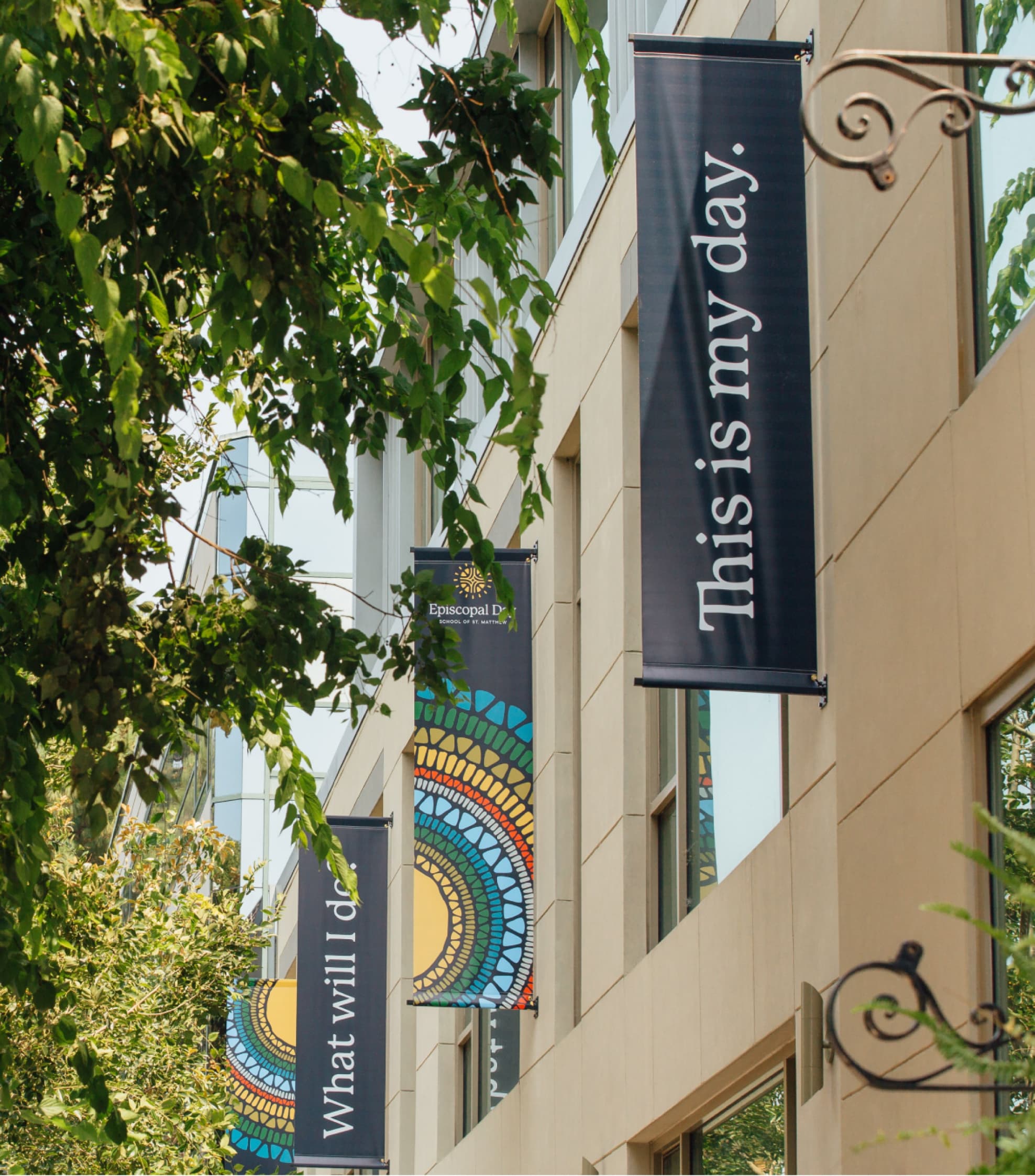 On-campus banners showcasing values-driven brand messaging in education