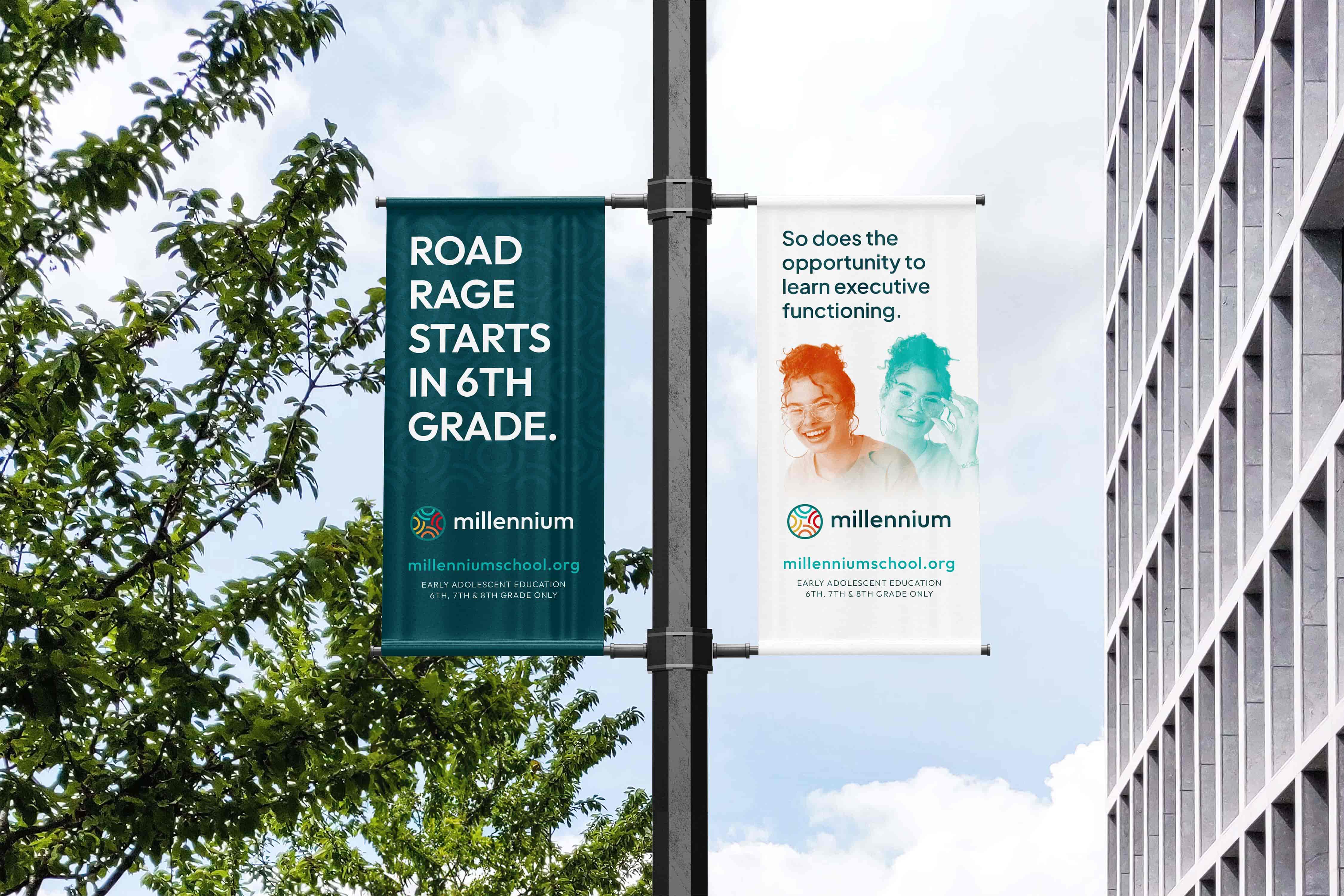 Branded banner system conveying whole-self education for early adolescence