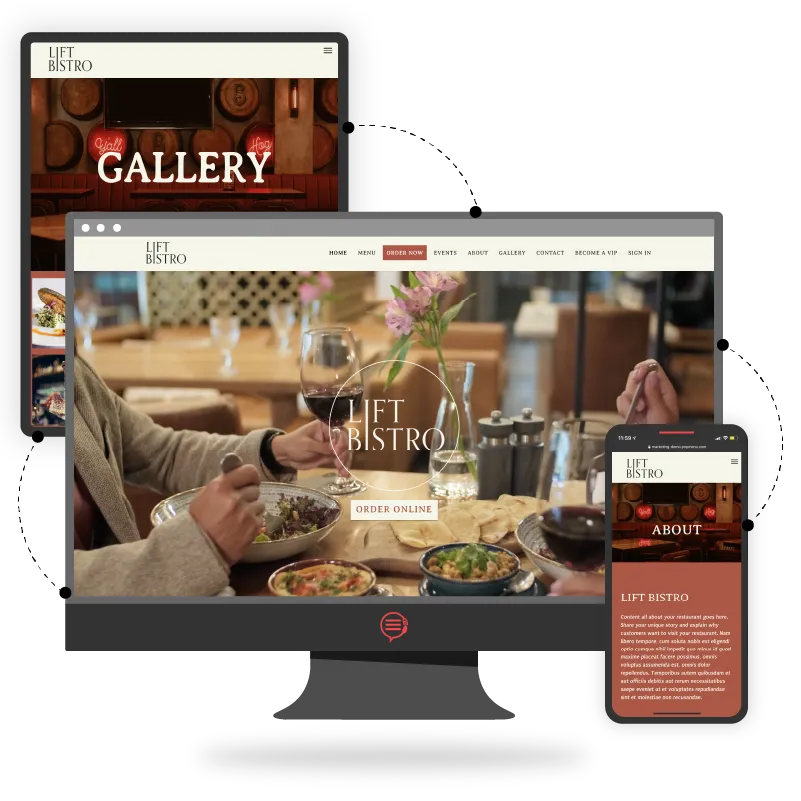 mock up of tablet, desktop computer and smart phone all showing a preview of a restaurant website