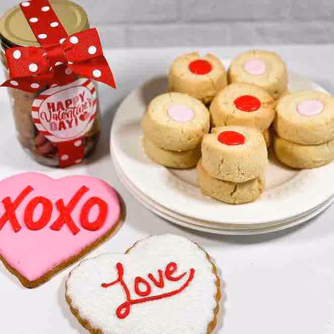 valentine's day themed cookies and other baked goods