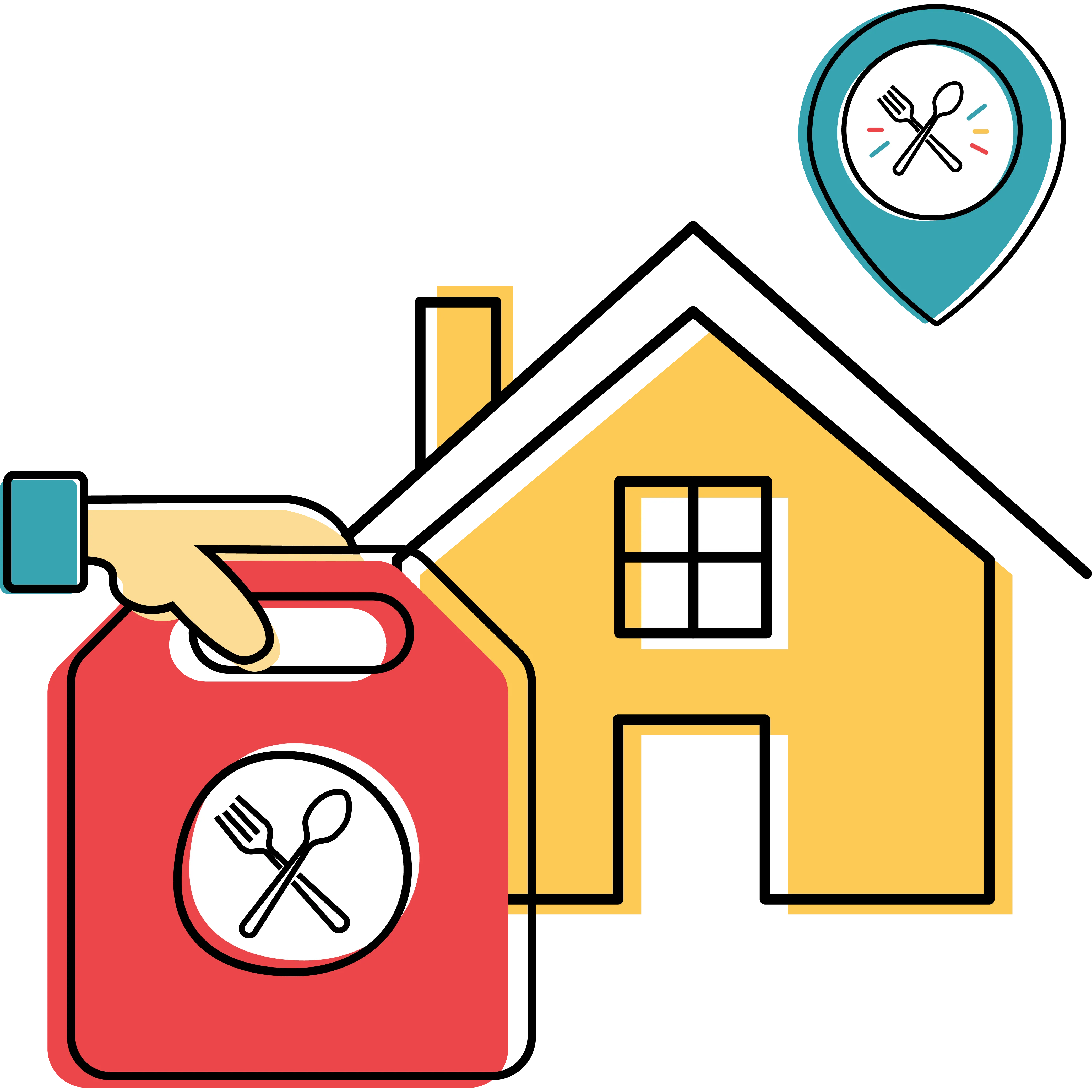 House with hand holding a restaurant takeout bag