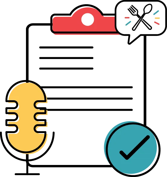 clipboard with notes on it, a microphone shape and a bubble with a fork and knife