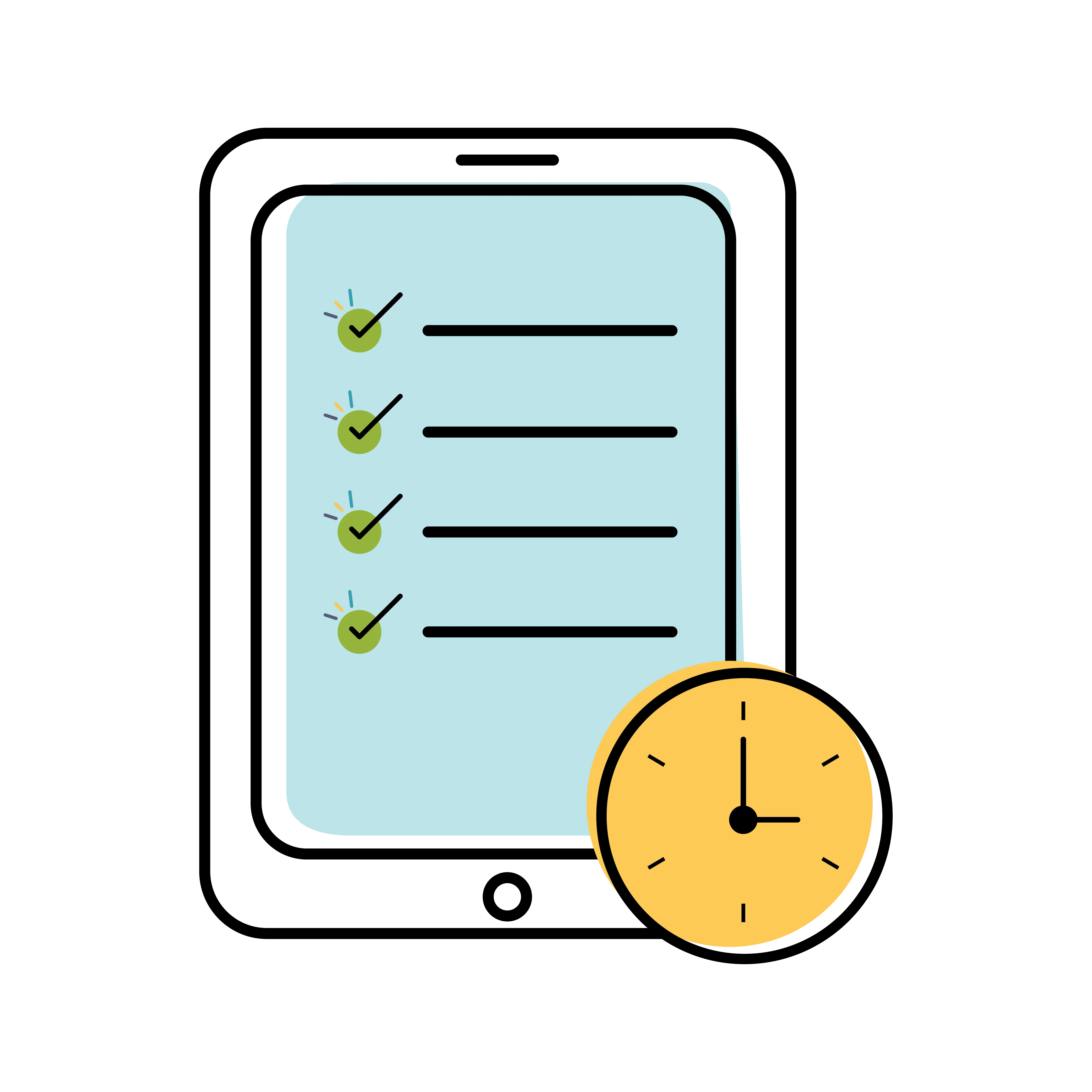 mock up of tablet with waitlist and a clock on the screen 