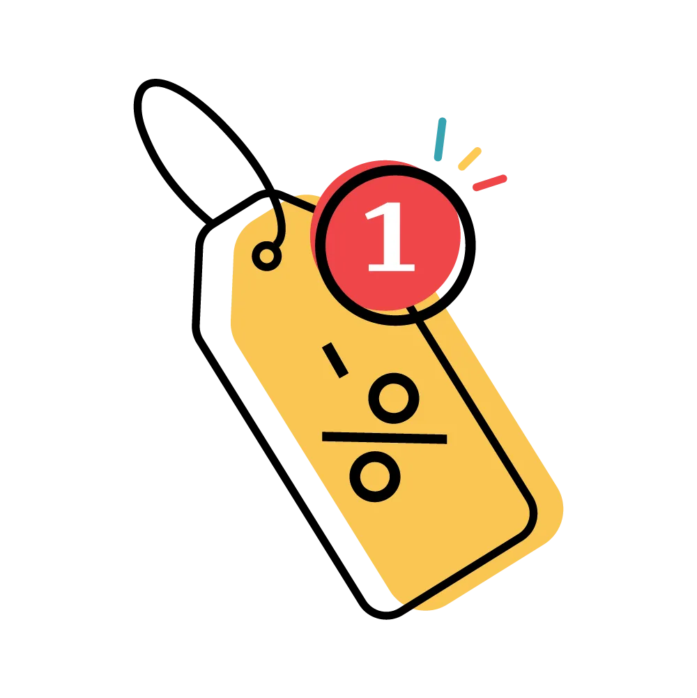 yellow offer tag showing a percentage discount and a notification bubble with the number 1