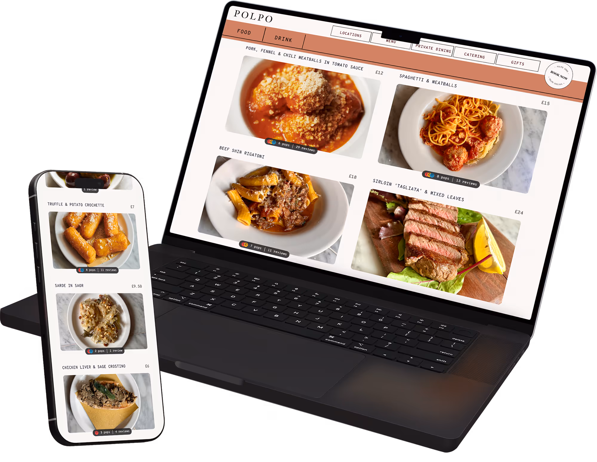 Laptop and smartphone displaying Polpo restaurant menu with photos of dishes like meatballs, rigatoni, croquette, sardine, and steak.