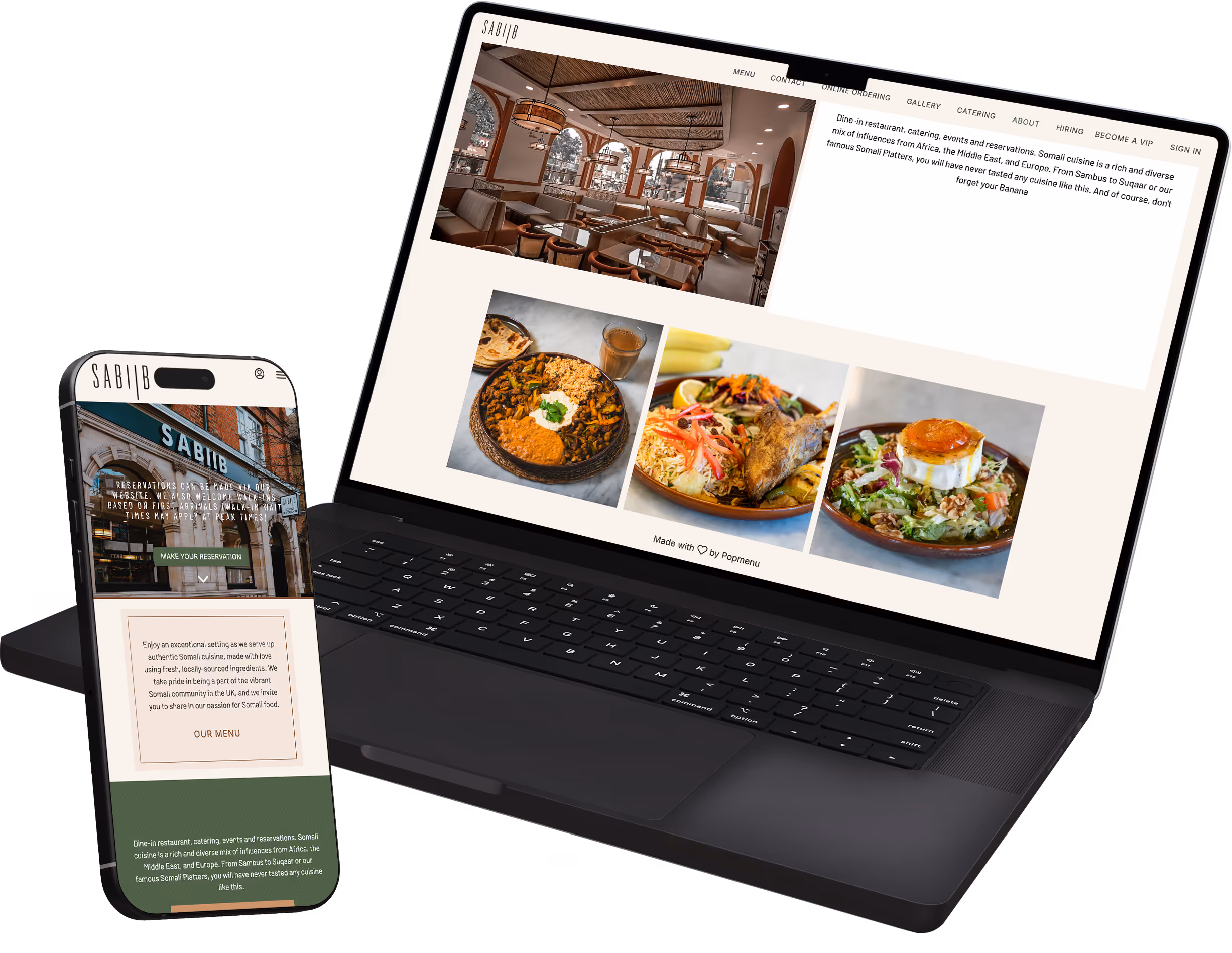 Laptop and smartphone displaying the Sabiib website featuring Somali cuisine and restaurant interiors.