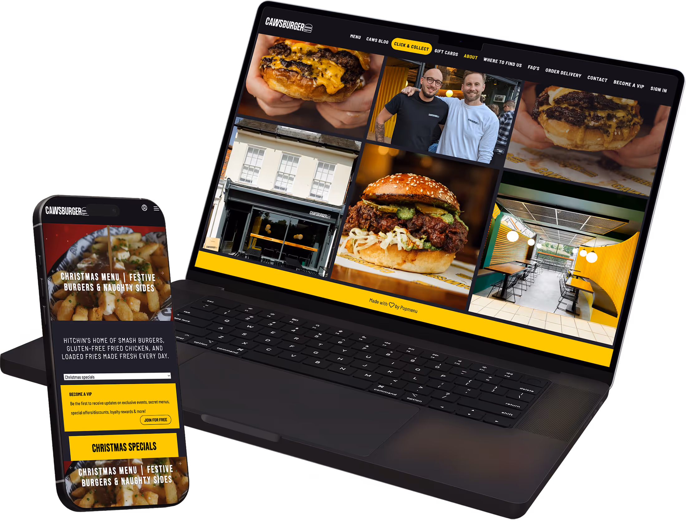 Laptop and smartphone displaying CAWSBURGER website with images of burgers, restaurant interior, and menu details.
